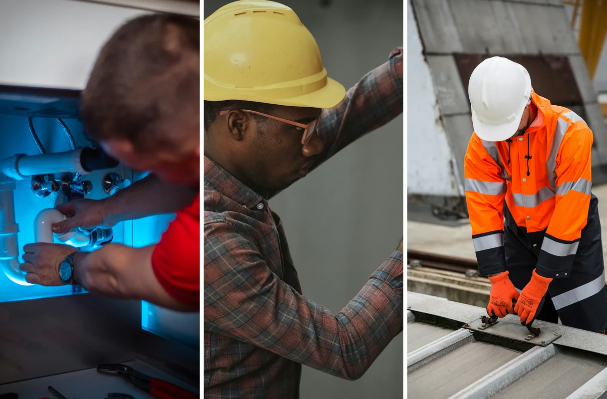 A plumber, an electrician and a sheet metal worker on the job